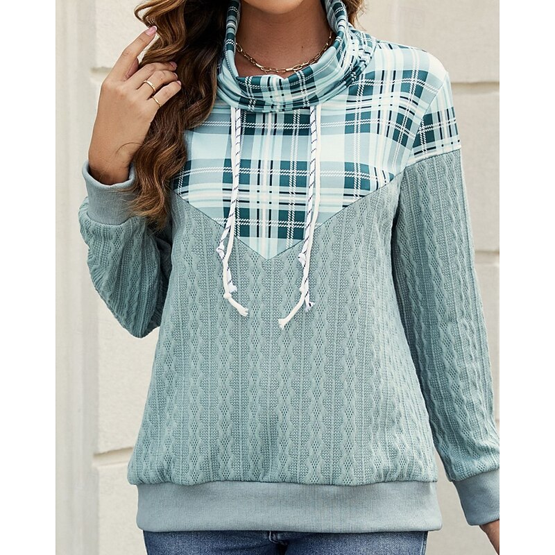 Women's Pullover Sweatshirt Plaid Streetwear Casual Long Sleeve Turtleneck Regular Tops Street Holiday Patchwork Pink Green Dark Gray Fall3