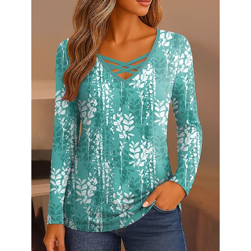 Women's T Shirt Ombre Floral Graphic Vintage Stylish Classic Long Sleeve V Neck Regular Tops Daily Cut Out Print Red Blue Purple Green Spring Fall