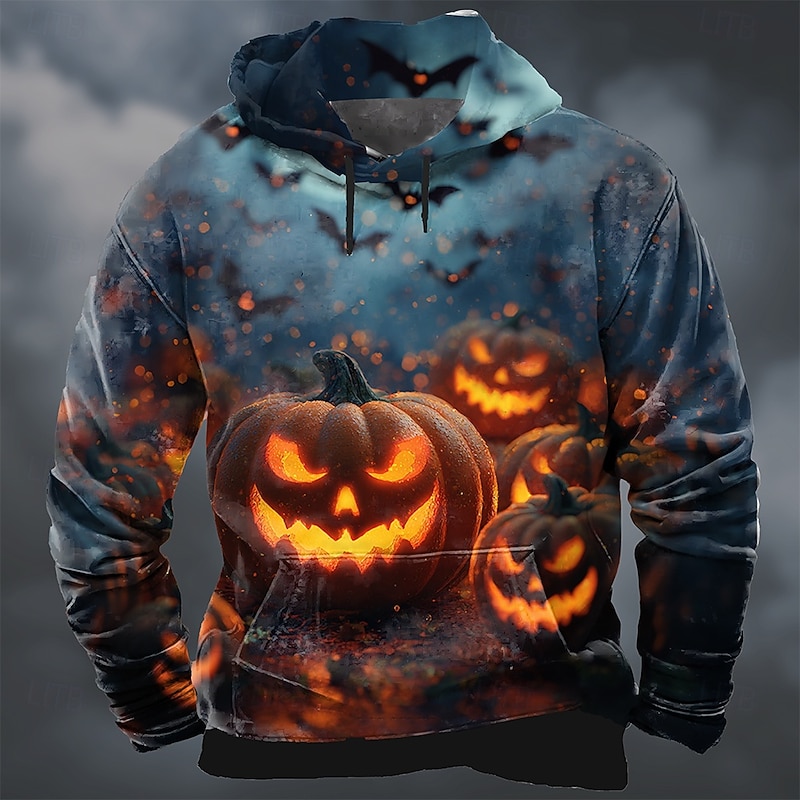 Halloween Men's Pumpkin 3D Hoodie Sweatshirt Punk Exaggerated Long Sleeve Crew Neck Club Streetwear Yellow Orange Drawstring Fall Winter Designer