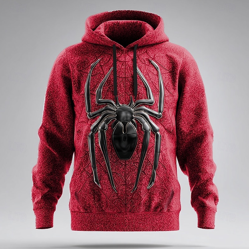 Men's Spider 3D Hoodie Sweatshirt Cool Party Crew Neck Club Streetwear Red Purple Drawstring Fall Winter Designer