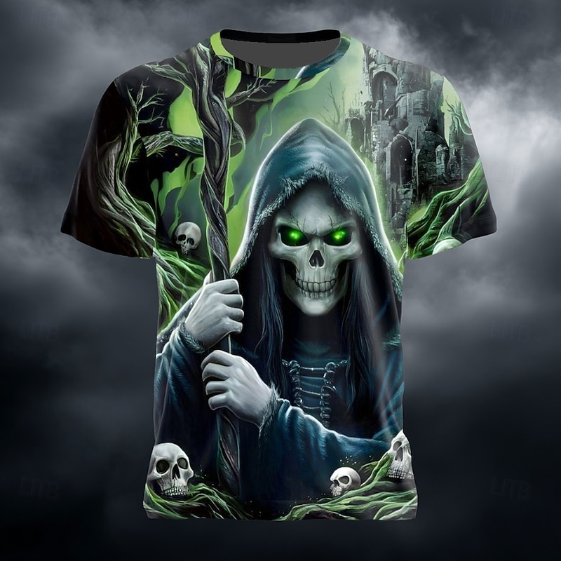 Halloween Men's Grim Reaper 3D Reaper T Shirt Short Sleeve T shirt 3D Print Crew Neck Shirt Exaggerated Designer Horror Party Street Holiday Purple Green Summer Spring Clothing Apparel S M L XL XXL