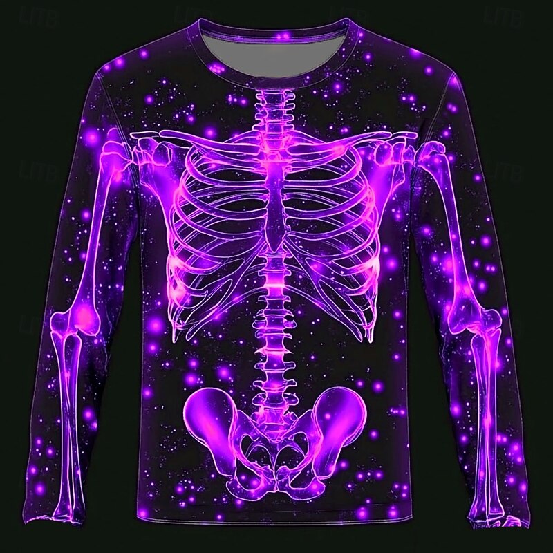 Halloween Day of the Dead Skull Men's 3D Skeleton T Shirt Long Sleeve T shirt 3D Print Crew Neck Shirt Fashion Exaggerated Street Daily Blue Purple Orange Summer Spring Fall Clothing Apparel2