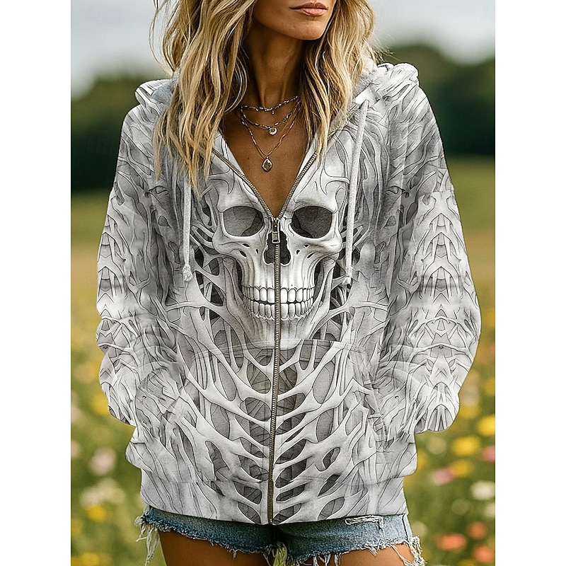Halloween Women's Zip Up Hoodies Skulls Graphic Pumpkin Fashion Casual Long Sleeve Hooded Regular Tops Street Dailywear Zipper Pocket Print Black Red Orange Brown Gray Spring Fall Winter