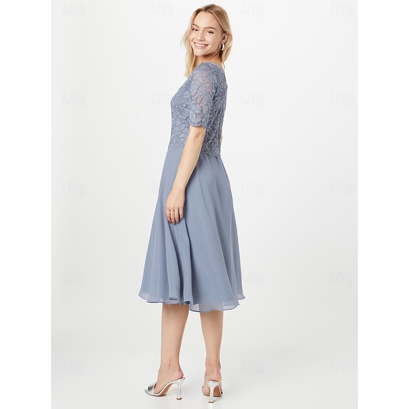 A-Line Mother of the Bride Dress Wedding Guest Elegant Petite Scoop Neck Knee Length Chiffon Half Sleeve with Pleats Solid Color3