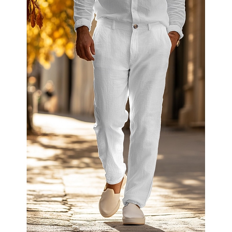 Men's Linen Pants Trousers Dress Pants Summer Pants Beach Pants Front Pocket Straight Leg Plain Comfort Breathable Formal Business Holiday Fashion Basic Blue 1# White