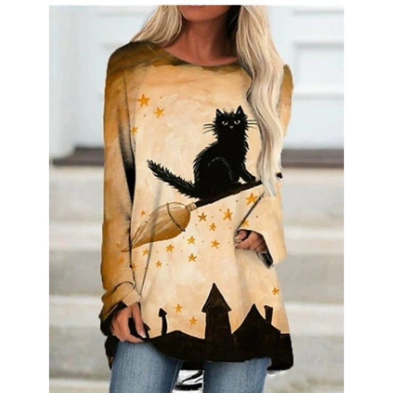 Halloween Women's T shirt Witch Graphic Animal Pumpkin Vintage Stylish Classic Long Sleeve Crew Neck Round Neck Long Tops Daily Print Black Yellow Blue Orange Spring Fall2