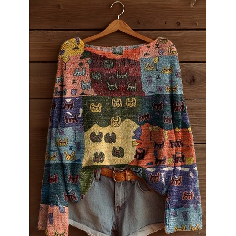 Women's Sweater Casual Soft Floral Graphic Ribbed Boat Neck Floral Knitted Print Long Sleeve Regular Tops Knit Outdoor Daily Weekend Yellow Pink Spring Fall4