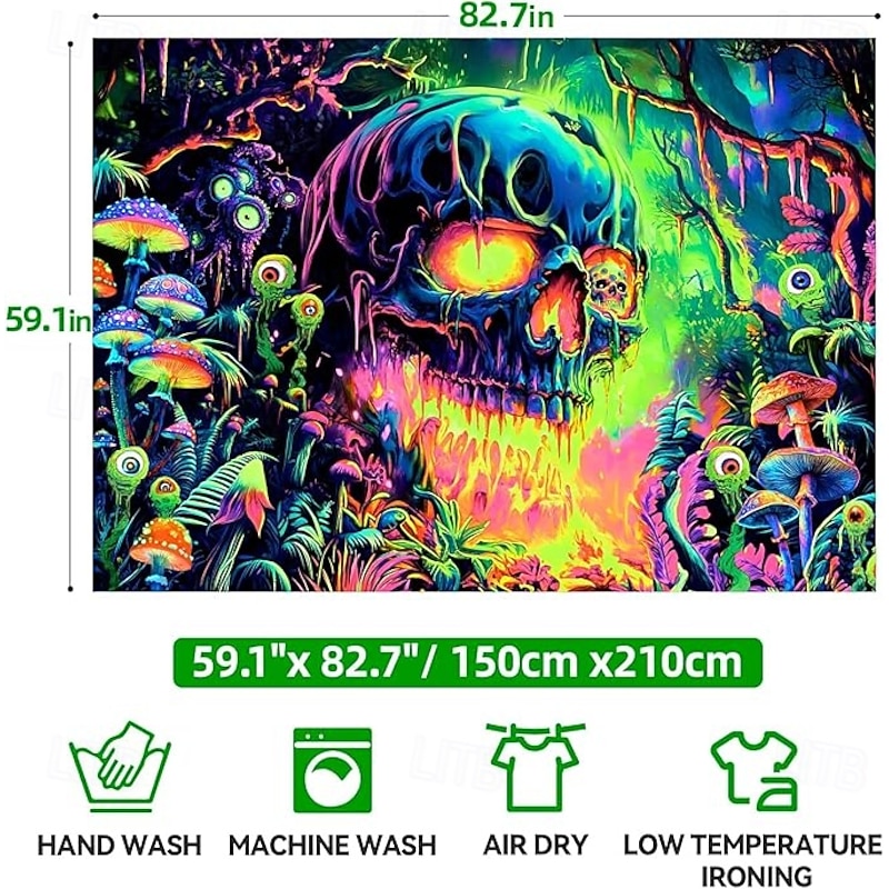 Neon Jungle Skull Blacklight Tapestry – Trippy Horror Wall Art for Psychedelic Room or Halloween Party Decor4