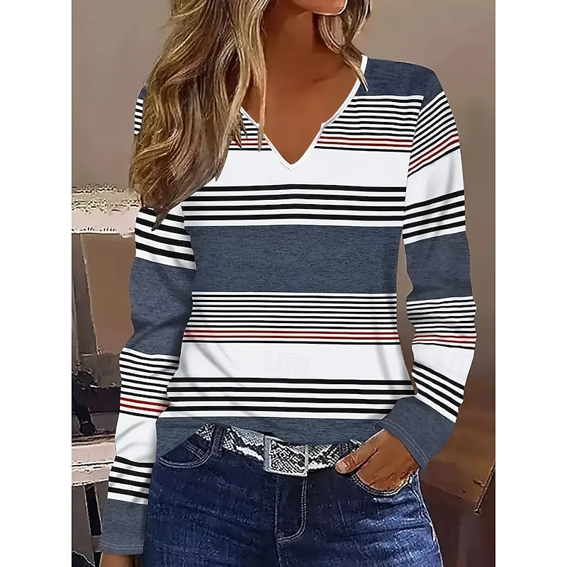 Women's T Shirt Graphic Geometric Striped Vintage Stylish Classic Long Sleeve V Neck Notched Neck Regular Tops Daily Weekend Print Black and White Dusty Blue Gray Spring Fall Winter3