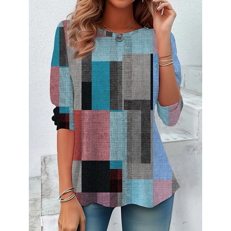 Women's T Shirt Graphic Geometric Vintage Stylish Casual Long Sleeve Crew Neck Regular Tops Daily Print Black Pink Blue Sky Blue Khaki Summer Spring Fall3