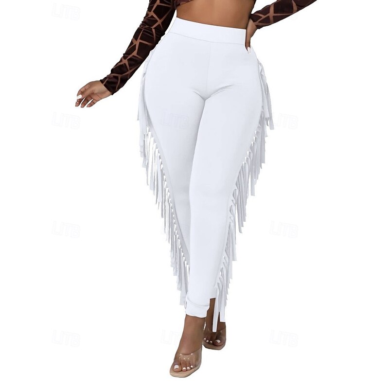 Women's Slacks Tights Cozy Leggings Streetwear Casual Full Length Natural Plain Tassel Fringe Elastic Waist Comfortable Holiday Daily Wear Weekend claret Black White Army Green Fall Regular Fit