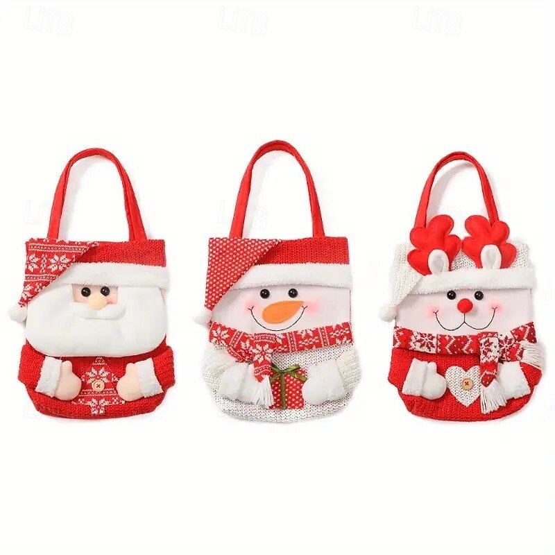 3PCS Christmas Gift Tote Bags, Festive Cartoon Santa, Snowman and Reindeer Designs with Flip-Top Closure, Holiday Bags for Candy, Gifts and Party Favors4