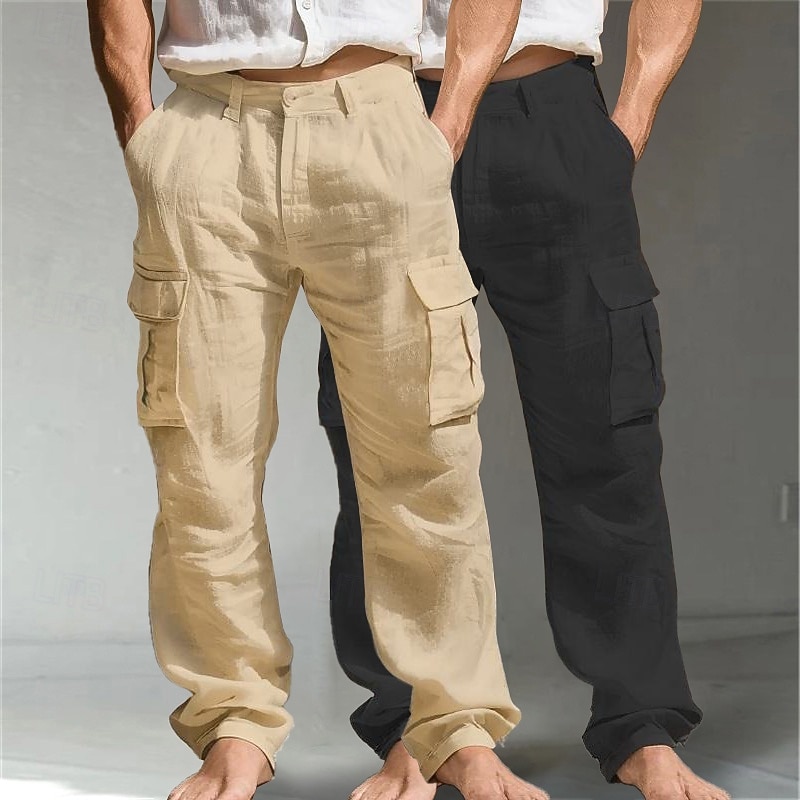 Men's Cargo Trousers Linen Pants Summer Pants Casual Pants Multi Pocket Straight Leg Plain Comfort Breathable Full Length Outdoor Daily Going out Fashion Streetwear White+khaki Khaki+Black Inelastic3