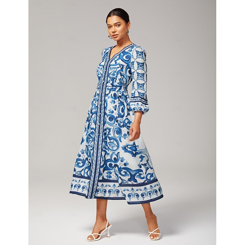 Women's Blue and White Porcelain Print Maxi Dress V Neck Placement Print Elegant Stylish Casual Waist Slim Fit Daily Fall