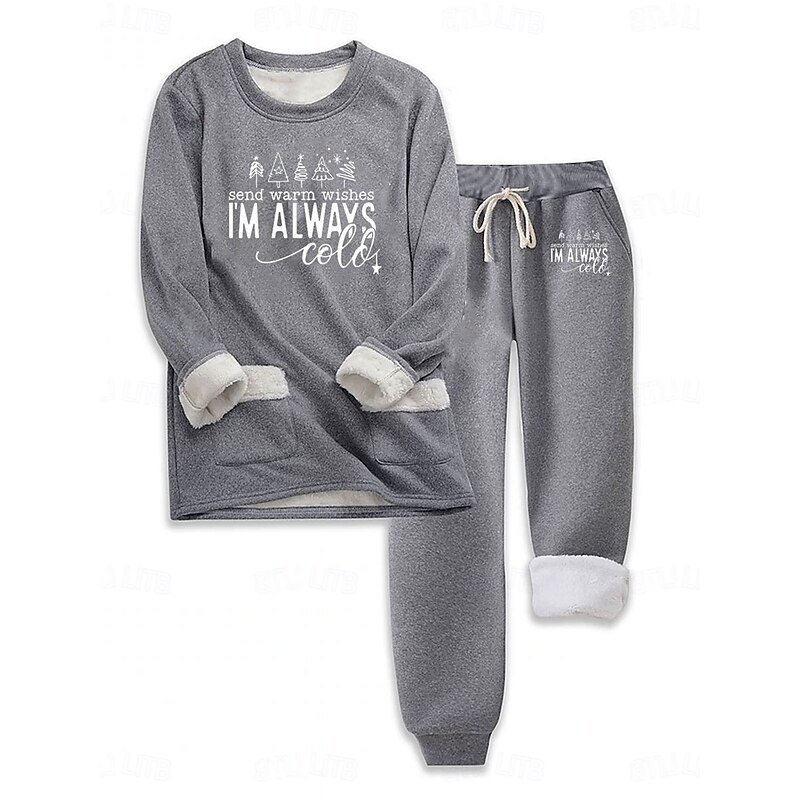 Women's Warm Daily Two Piece Sets Tracksuit Pants Sets Long Sleeve Crew Neck Graphic Letter Drawstring Print Casual Daily Black Blue Gray Fall Regular Fit4