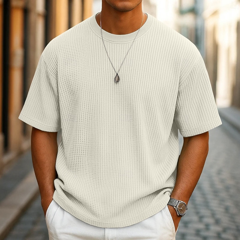 Men's Waffle T-shirt Tee Top Short Sleeve Crew Neck Summer All Seasons Solid Color Textured Fashion Designer Casual Knitted Outdoor Casual Daily Light Green Navy Blue Blue Top Tee for Men2