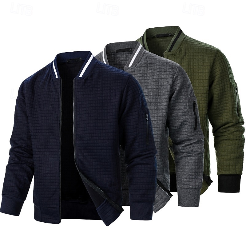 Men's Sweatshirt Waffle Sweatshirt Full Zip Sweatshirt Khaki+Black+Wine Navy Blue+Dark Gray+Army Green Black+Khaki+Navy Blue Standing Collar Plain Textured Sports & Outdoor Casual Daily Streetwear3