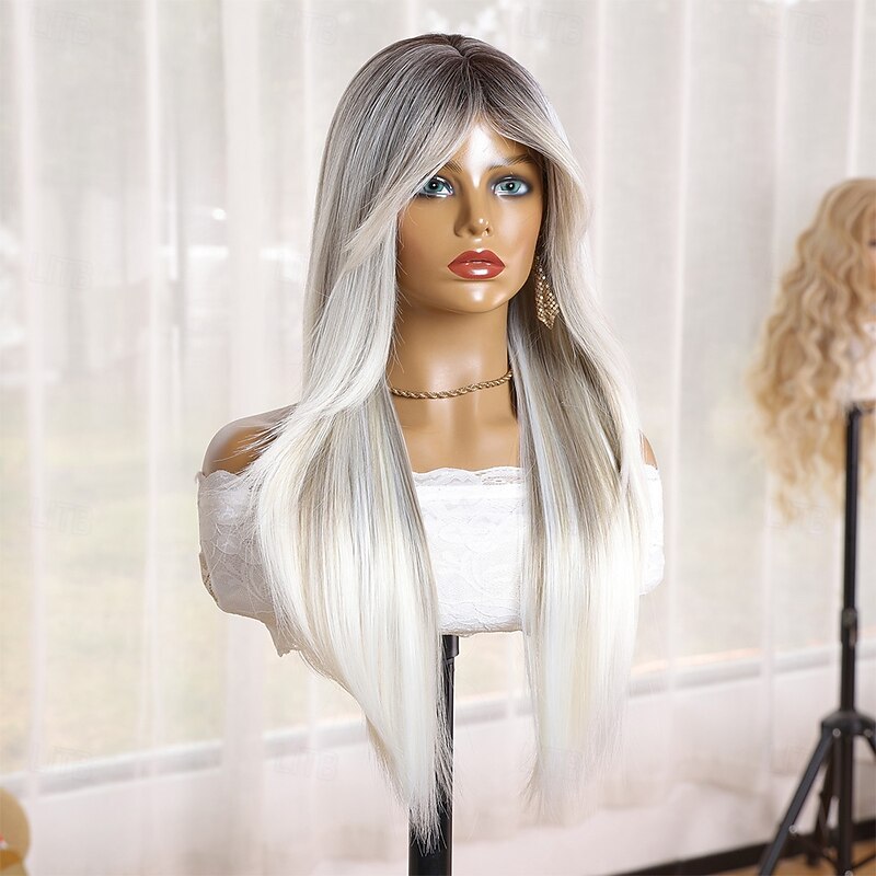 Synthetic Wig Natural Straight Middle Part Machine Made Wig 24 inch White / Pink Synthetic Hair Women's Soft Comfortable Multi-color3