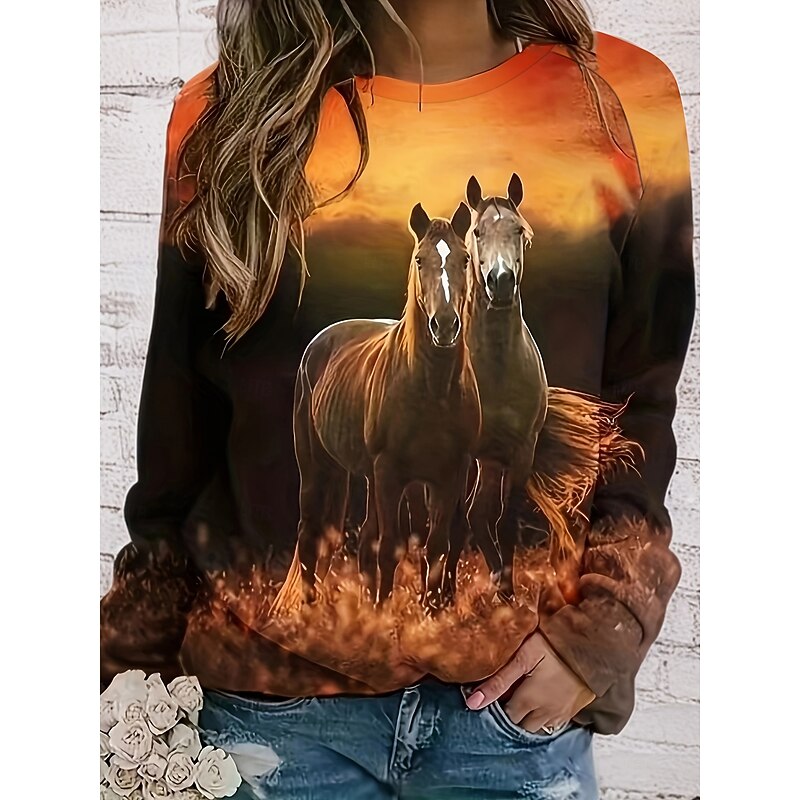 Women's Pullover Graphic Animal Casual Long Sleeve Crew Neck Regular Tops Casual Orange Spring Fall Winter