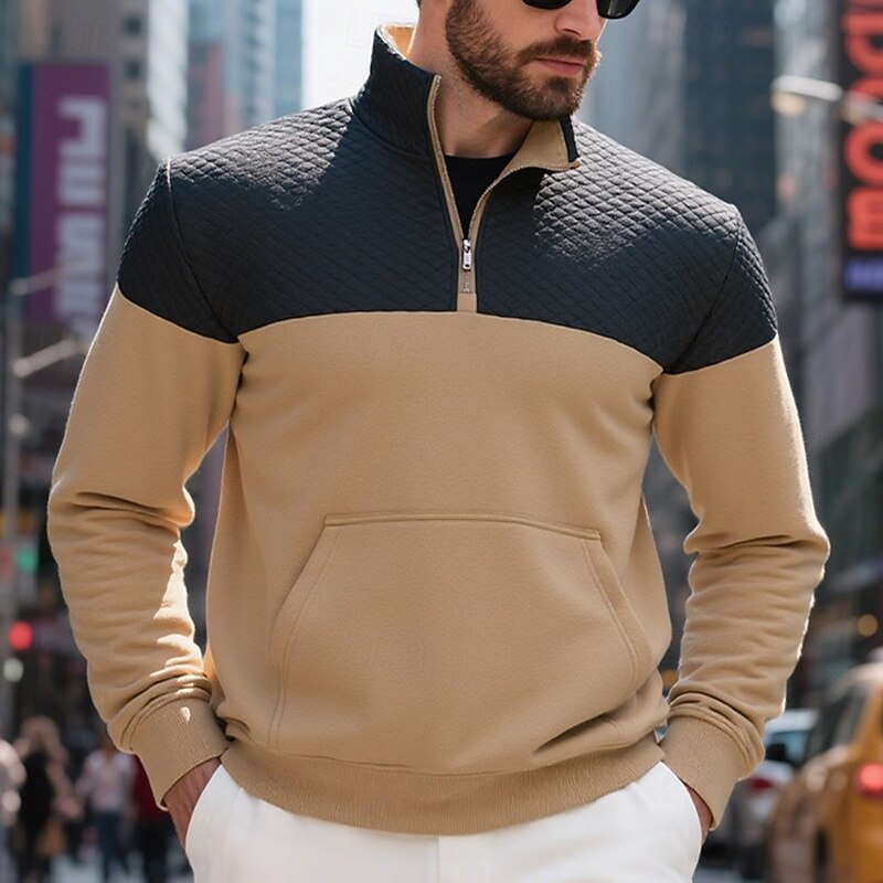 Men's Hoodie Waffle Sweatshirt Quarter Zip Hoodie Fleece Hoodie Fleece lined Hoodie Black Army Green Navy Blue Camel Light Grey Hooded Plain Patchwork Color Block Sports & Outdoor Casual Daily2