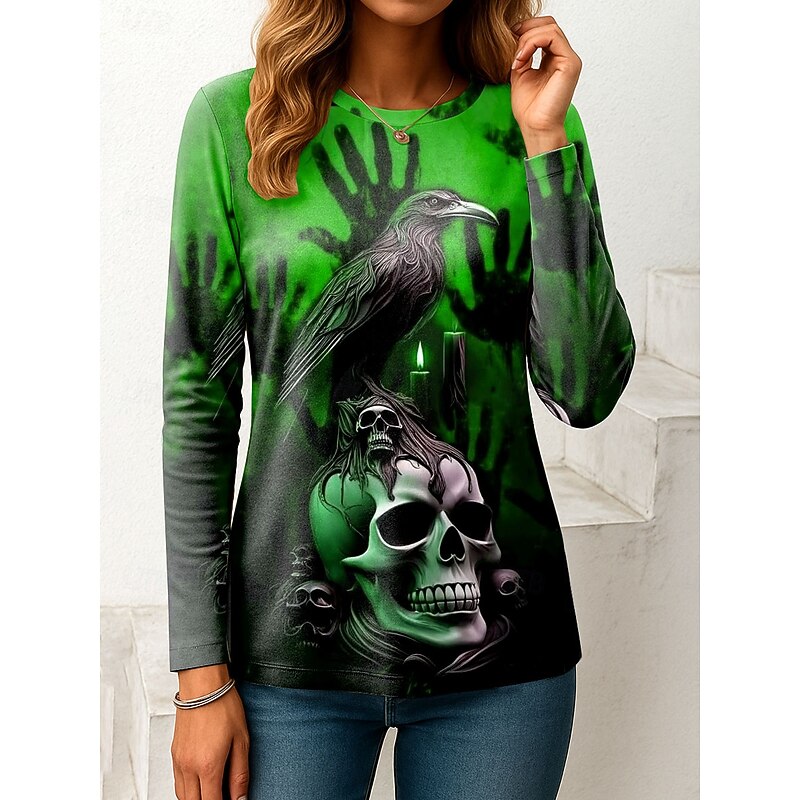 Halloween Women's T Shirt Skulls Graphic Vintage Fashion Stylish Long Sleeve Crew Neck Regular Tops Daily Weekend Print Pink Red Blue Orange Green Spring Fall Winter3