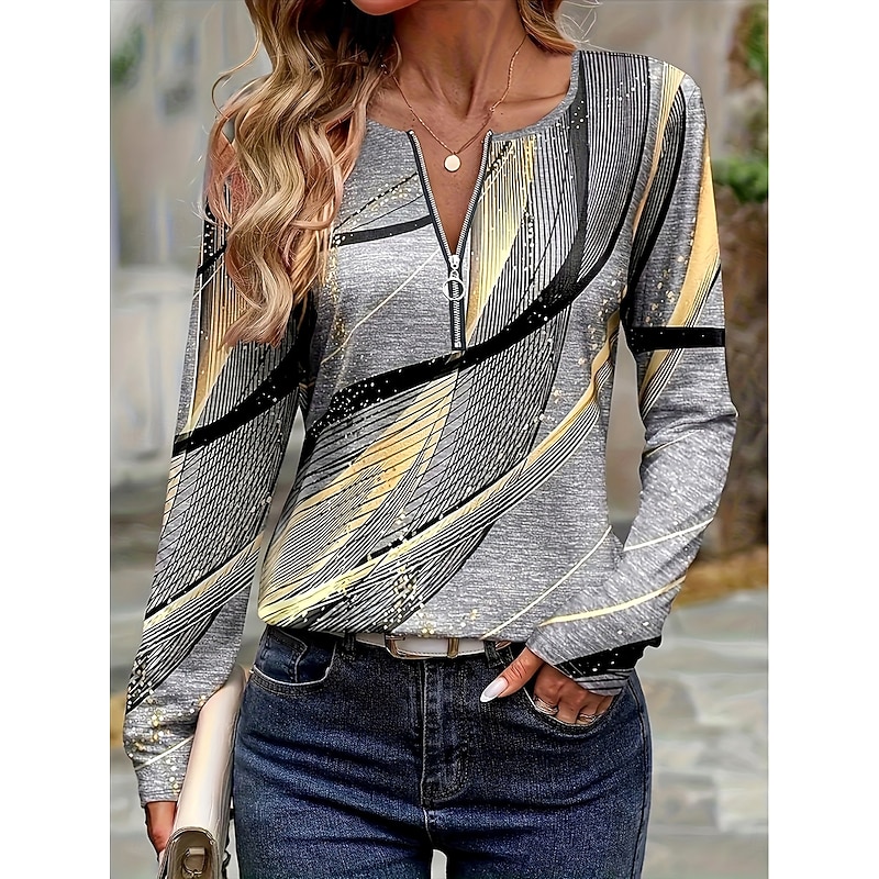 Women's T shirt Long Sleeve Ombre Graphic Striped Elegant Vintage Stylish Long Sleeve Round Neck Notched Neck Regular Tops Daily Weekend Zipper Print Gray Spring Fall Prefall