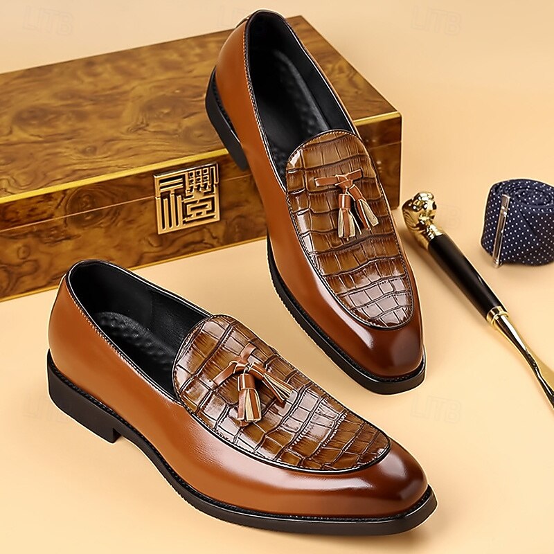 Men's Brown Crocodile Pattern Tassel Loafers – Polished Slip-On Dress Shoes for Business Meetings, Weddings and Formal Events3
