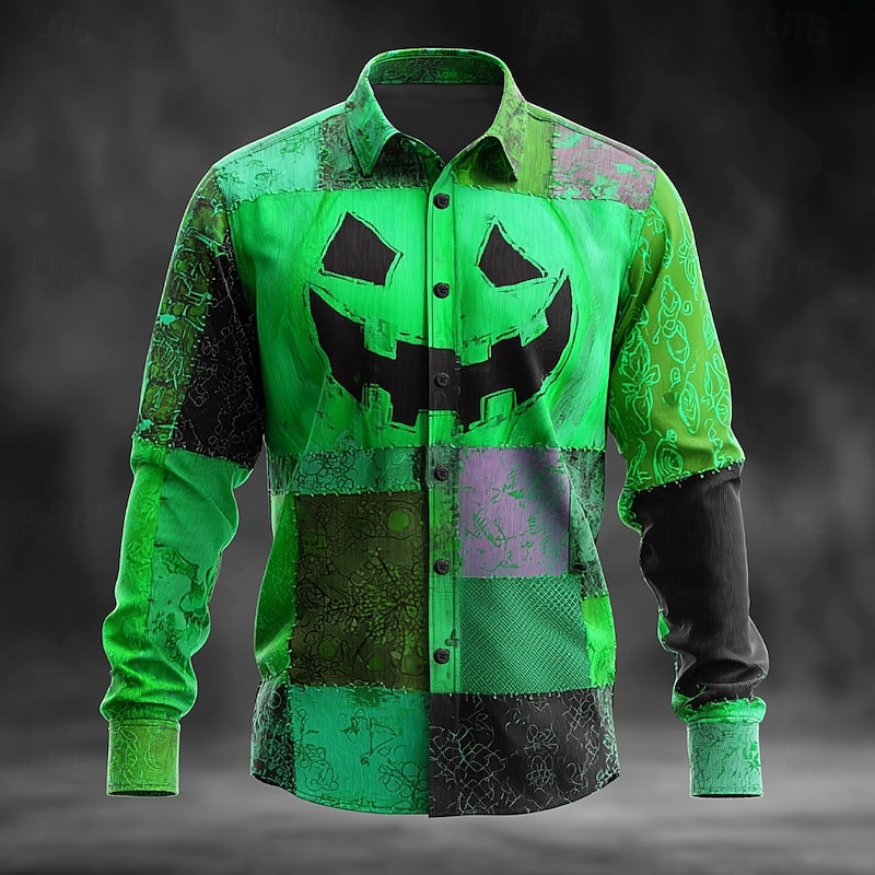 Halloween Men's Color Block Pumpkin Patchwork Shirt Button Up Shirt Long Sleeve Dark Gothic Style Holiday Streetwear Spring Fall Turndown 3D Print Linen Like Shirt Yellow Orange Green2