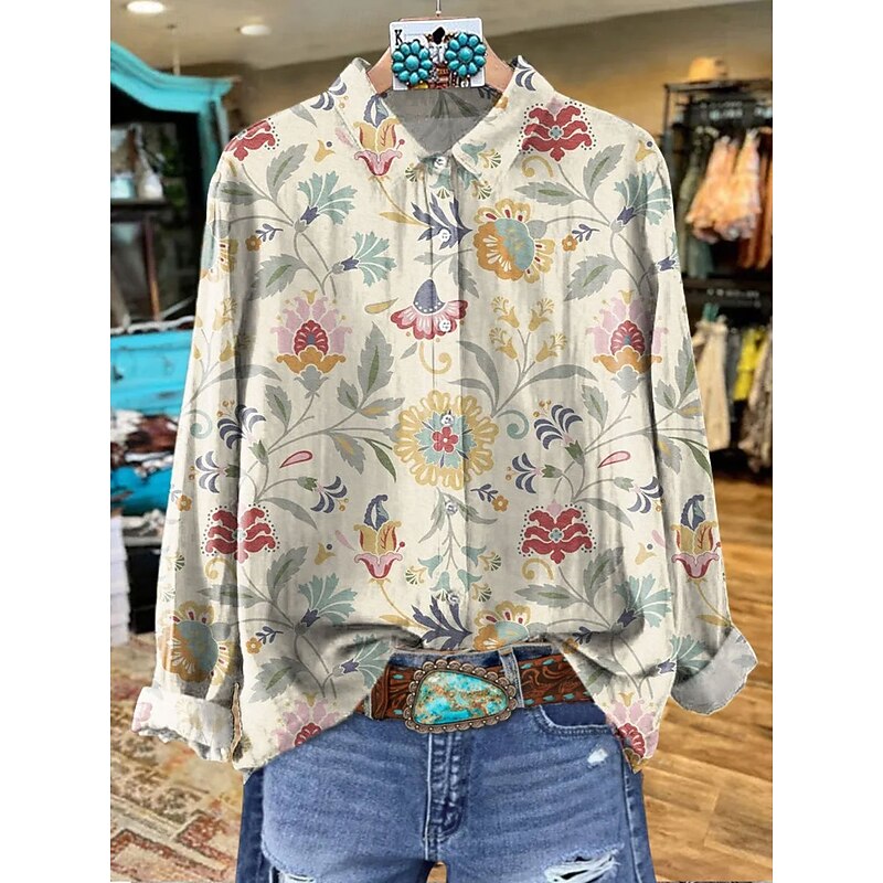 Women's Shirt Graphic Animal Elegant Bohemia Daily Long Sleeve Shirt Collar Regular Tops Work Daily Buttons Print Red Orange Brown Green Beige Spring Fall Winter4