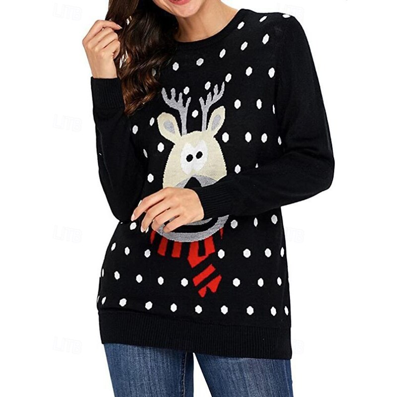 Women's Sweater Pullover Casual Reindeer Ribbed Crew Neck Knitted Print Long Sleeve Regular Tops Knit Christmas Daily Holiday Black Winter