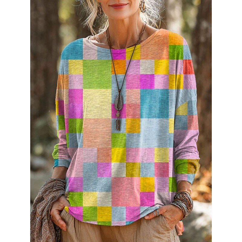 Women's T Shirt Graphic Geometric Striped Vintage Stylish Casual Long Sleeve Crew Neck Round Neck Regular Tops Daily Print Yellow Pink Blue Orange Spring Fall Winter4