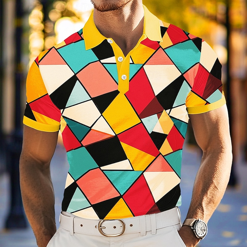 Men's Polo Vacation Street Turndown Short Sleeve Vacation Geometric Color Block Buttons Summer Spring Regular Fit Brown Yellow Green Purple Polo4
