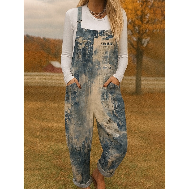 100% Cotton Women's Overall Lightweight Floral Sleeveless Sleeveless Straight Square Neck with Pocket Vacation Daily Loose Fit Navy Blue Blue Khaki Summer3