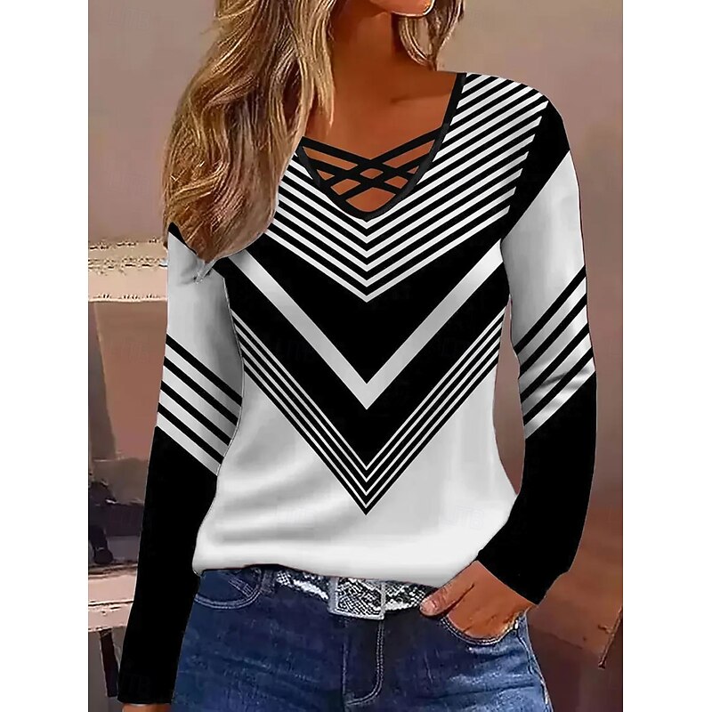 Women's T Shirt Graphic Geometric Vintage Stylish Classic Long Sleeve V Neck Regular Tops Daily Cut Out Print White Pink Blue Purple Green Spring Fall4
