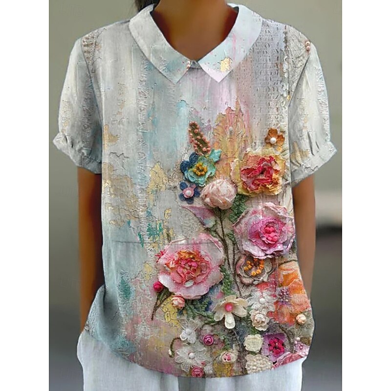 Women's Shirt Floral Daily Casual Short Sleeve Shirt Collar Regular Tops Daily Holiday Buttons Print Blue Green Summer Spring