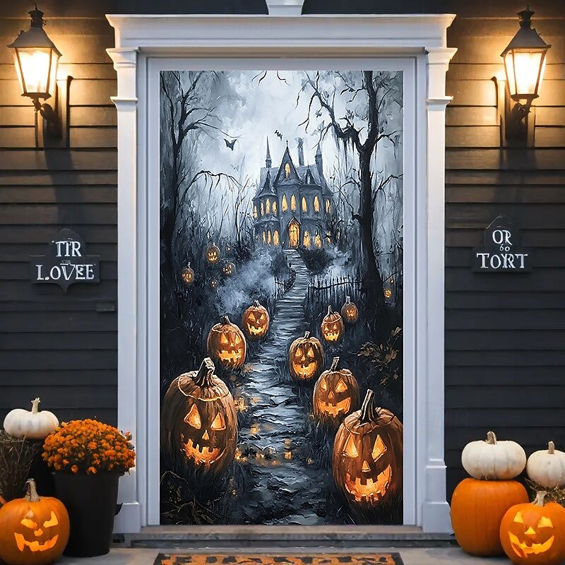 Halloween Witch Pumpkin Door Cover – Spooky Jack-O’-Lantern Doorway Curtain for Haunted House, Indoor Outdoor Halloween Party Decoratio3