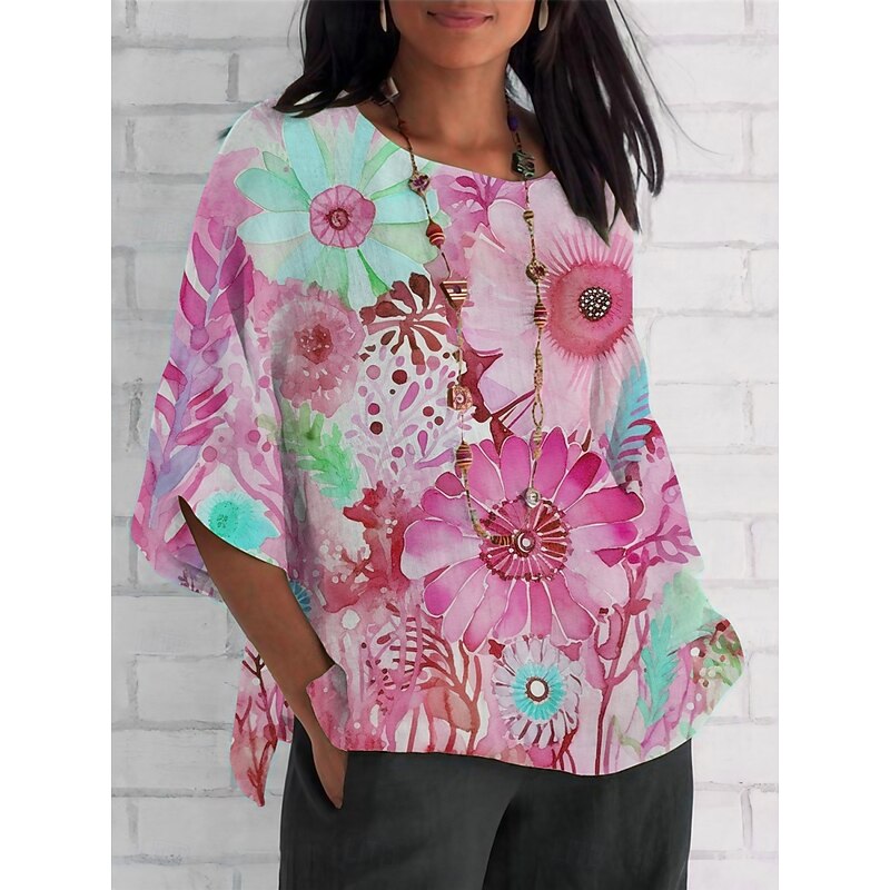 Women's Shirt Floral Daily Casual 3/4 Length Sleeve Crew Neck Regular Tops Daily Holiday Print Pink Blue Purple Fuchsia Summer Spring Fall2