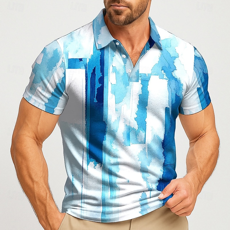 Men's Geometic Polo Short Sleeve Polo Shirts Lapel Casual Athleisure Daily Wear 3D Print Buttons Summer Lake blue Blue Gray