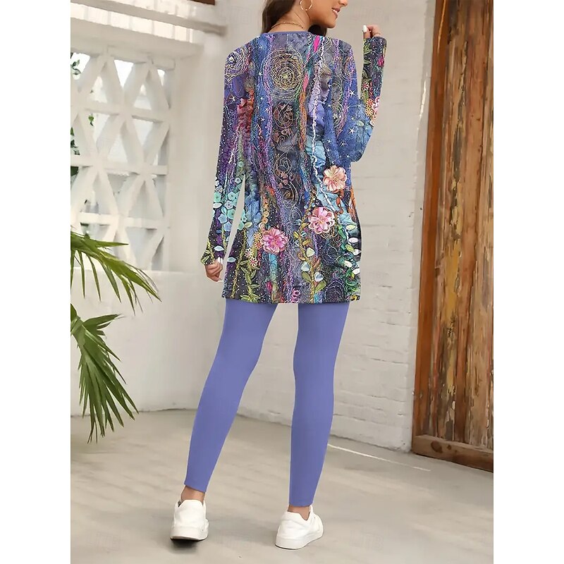 Women's Pajama Set Loungewear Round Neck Long Sleeve Casual Fashion Pants Sets Floral Graphic Print Daily Daily Purple Fuchsia Green Slim2