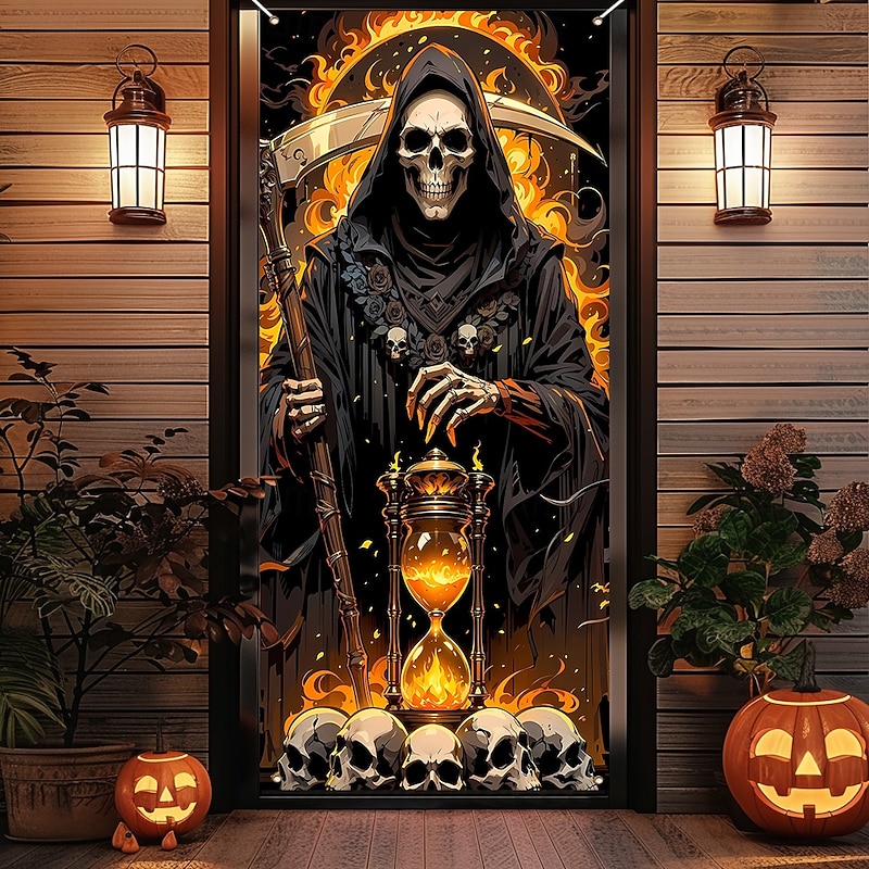Halloween Tapestry Door Cover Outdoor Banners Skeleton Grim Reaper Psychedelic Dark Punk Gothic Style Party Outdoor Shooting Backgrounds Front Door Wall Porch Home Decor