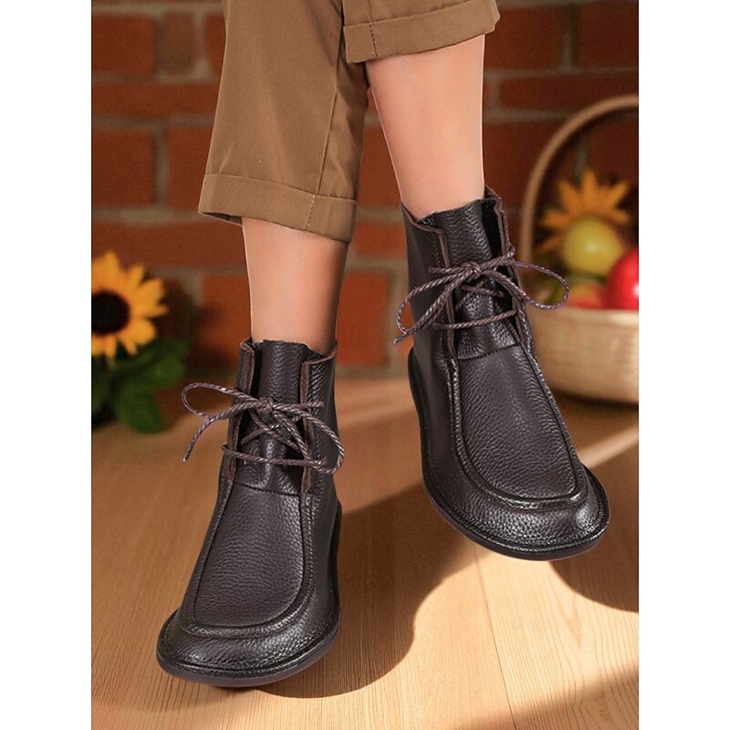 Women's Black Genuine Leather Ankle Boots with Lace Up Design – Casual Durable Cowhide Shoes for Work, Travel and Everyday Outfits2