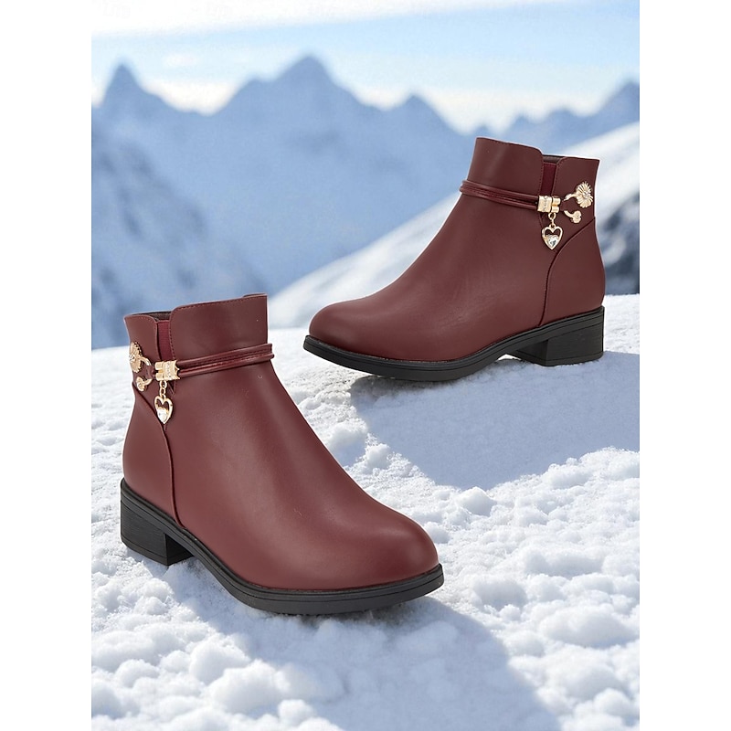 Women's Warm Fur-Lined Ankle Boots - Burgundy Low Heel Winter Booties with Gold Charm Details for Snow,Outdoor Travel and Cold Weather Commute2