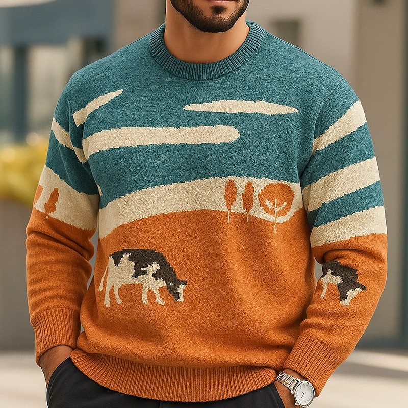 Men's Animal Landscape Cows Pullover Sweater Jumper Knitwear Crewneck Casual Vacation Home Street 3D Print Knitting Keep Warm Long Sleeve Spring Fall Winter Orange Green