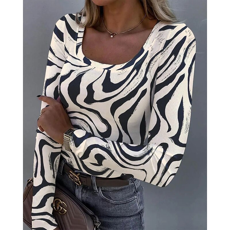 Women's T shirt Long Sleeve Ribbed Graphic Square Neck Long Sleeve Casual Tunic Abstract Zebra Vintage Stylish Regular Tops Daily Print Blue Purple Green Khaki Spring Fall Prefall