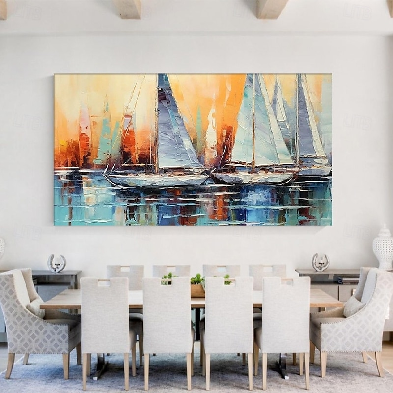 Sailboat painting Handmade 3D Oil Painting Sailboat Marina Scene with Vibrant Color Palette and Impasto Brushwork for Unique Wall Art Home Decor Crafted with Precision and Artistic Vision