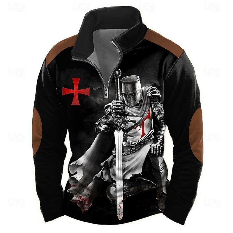 Men's Knights Templar Sweatshirt Casual Long Sleeve Stand Collar Party Club Red Blue 3D Print Quarter Zip Fall Winter Designer