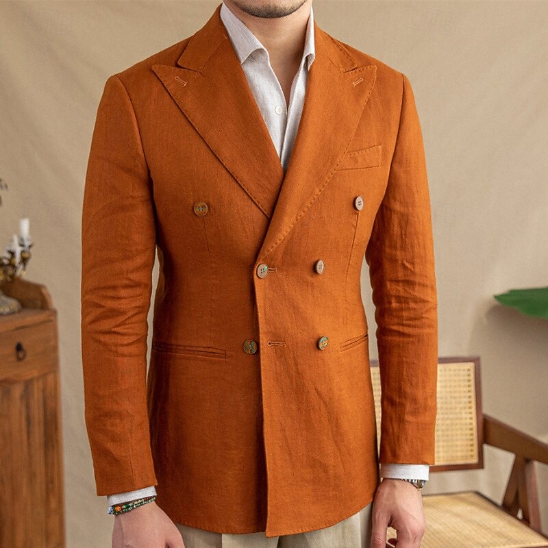 Men's Linen Blazer Blazer Business Cocktail Party Wedding Party Fashion Casual Spring Fall 30% Linen 60% Polyester Plain Pocket Buttons Comfortable Double Breasted Blazer Black White Brown Green4