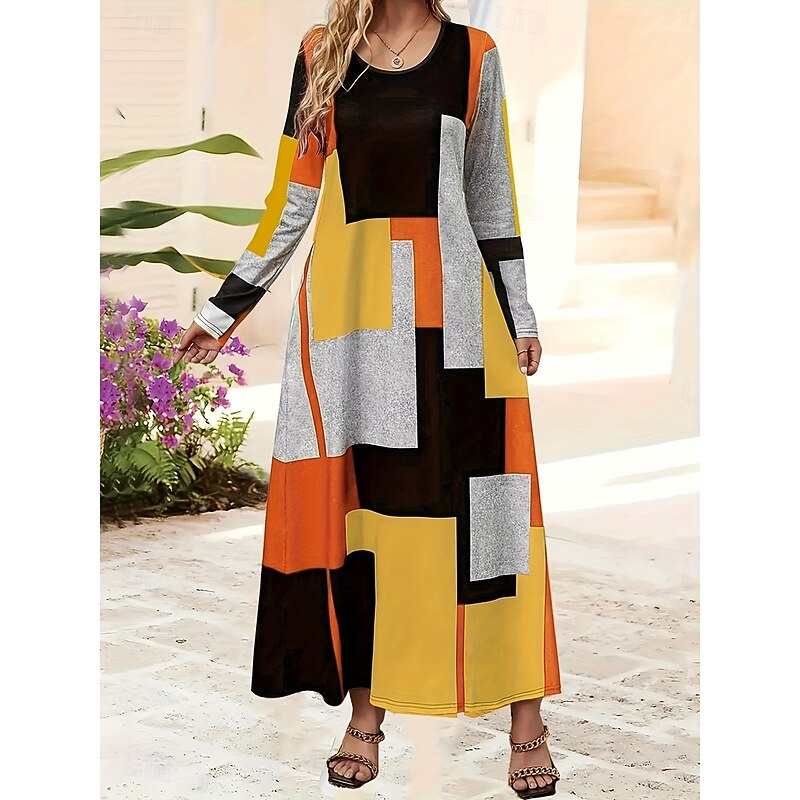 Women's Maxi Dress A Line Dress Summer Dress Vacation Casual Daily Regular Fit Graphic Geometric Abstract Long Sleeve Crew Neck Yellow Blue Spring Fall Winter4