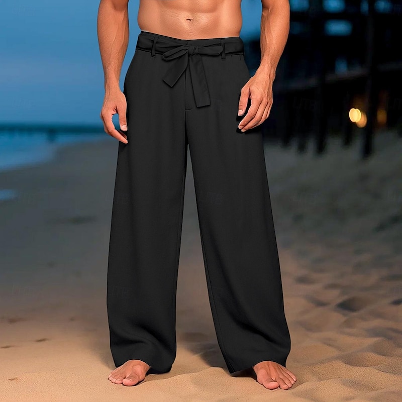 Men's Linen Pants Trousers Summer Pants Baggy Pants Elastic Waist Straight Leg Plain Comfort Breathable Full Length Outdoor Daily Beach Vacation Fashion Black White Inelastic3