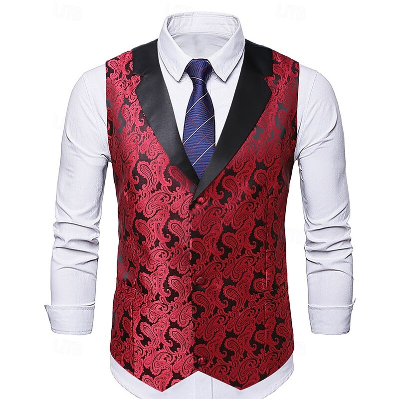 Men's Vest Waistcoat Gilet Vacation Party Business Fashion Casual Spring Fall Pocket Buttons Polyester Comfortable Paisley Single Breasted One-button Peaked Lapel Regular Fit Red Vest2